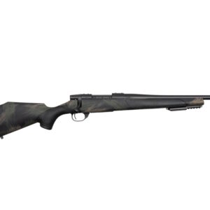 Black and green camouflaged rifle on white background.