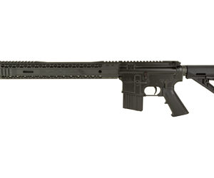 Black tactical rifle on a white background.
