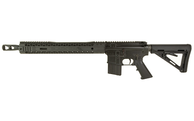 Black tactical rifle on a white background.