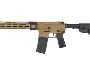 Detailed view of a tan semi-automatic rifle.