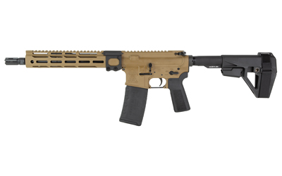 Detailed view of a tan semi-automatic rifle.