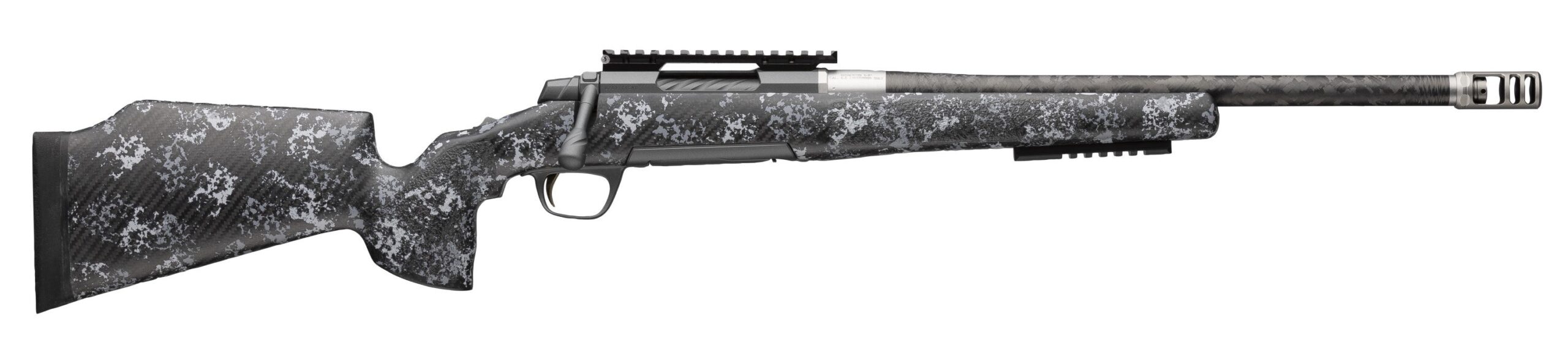 Side view of a patterned hunting rifle.