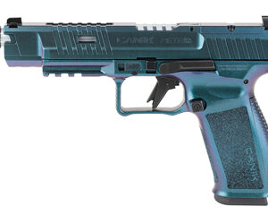 Turquoise handgun with a silencer attachment.