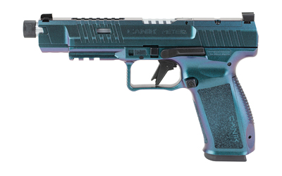 Turquoise handgun with a silencer attachment.