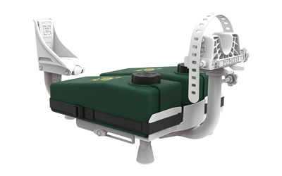 Green and white boat seat with mounting brackets.