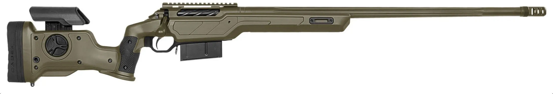 Side view of a modern green rifle.