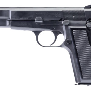 Black semi-automatic handgun on a white background.