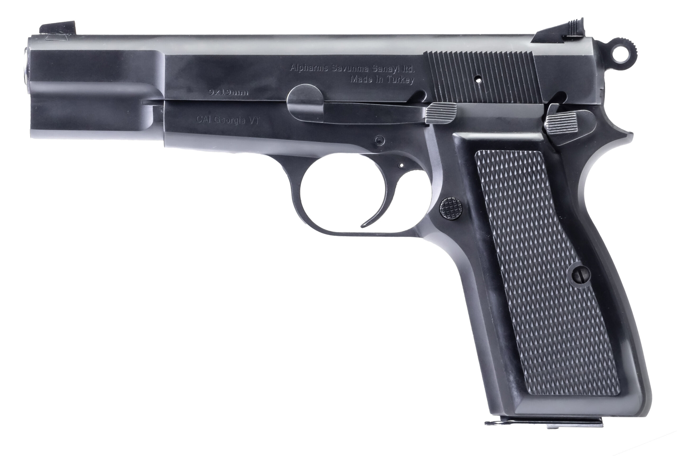 Black semi-automatic handgun on a white background.