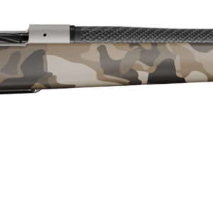 Camouflaged rifle with carbon fiber details.