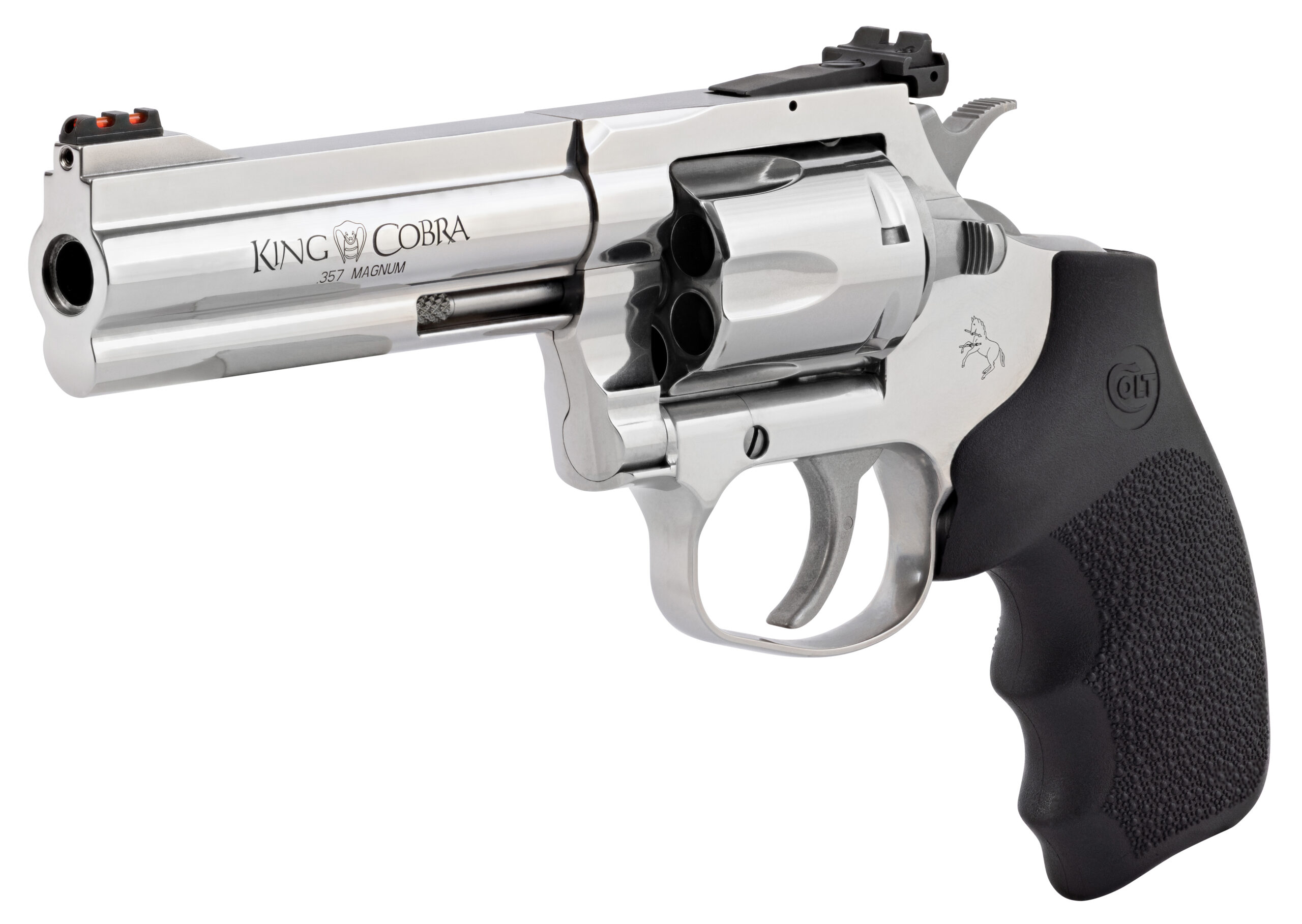 Shiny revolver with black grip design.