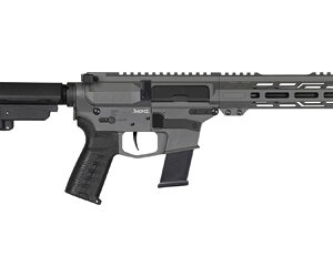 Gray modern rifle with adjustable stock and rail.