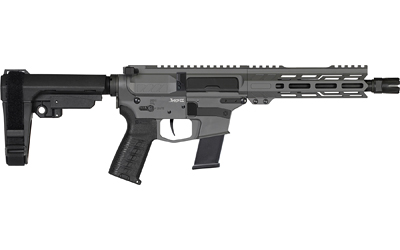 Gray modern rifle with adjustable stock and rail.