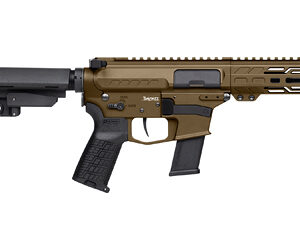 Brown tactical firearm with adjustable stock.