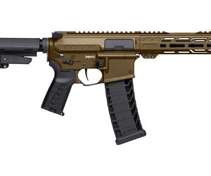 Modern rifle with tactical features and magazine.