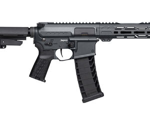 Modern rifle with tactical features and design.