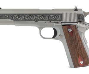 Side view of a silver handgun with wood grip.