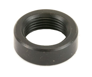 Black threaded metal nut for fastening.