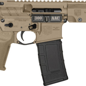 Side view of a tan semi-automatic rifle.
