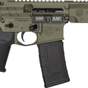 Olive green modern rifle with adjustable stock.