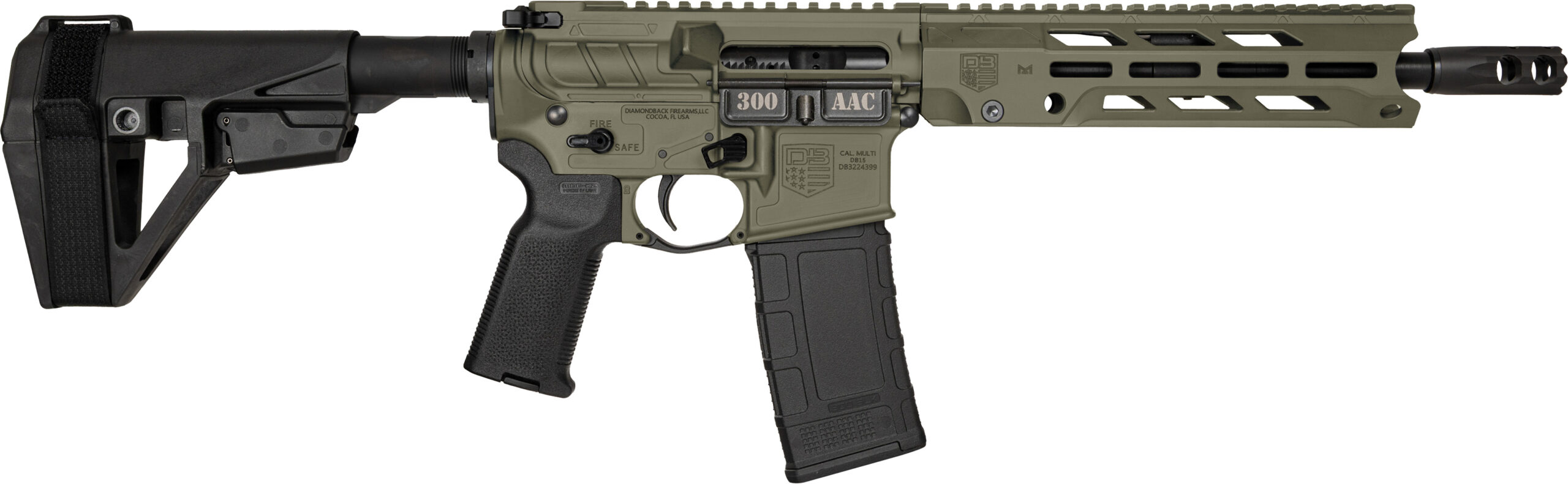 Olive green modern rifle with adjustable stock.