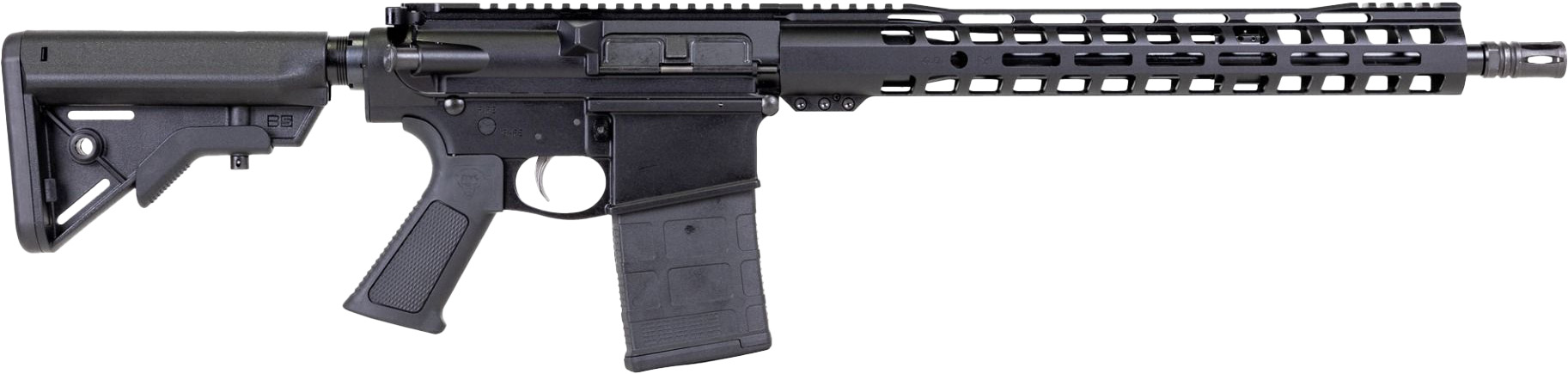Black rifle with tactical features and magazine.
