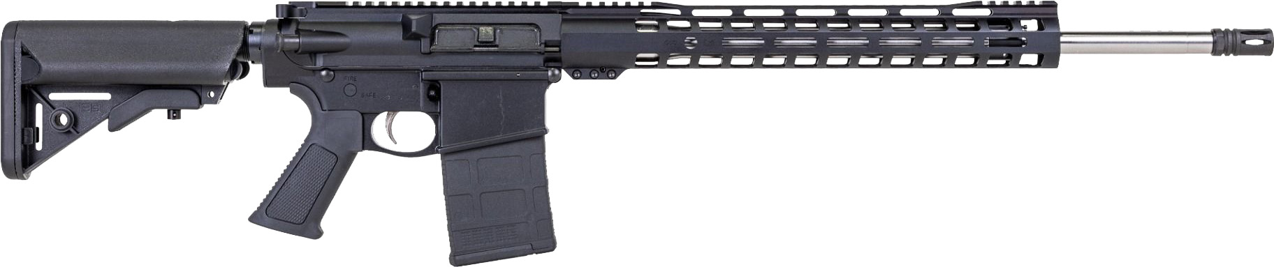Side view of a black semi-automatic rifle.