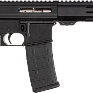 Black semi-automatic rifle on a white background.