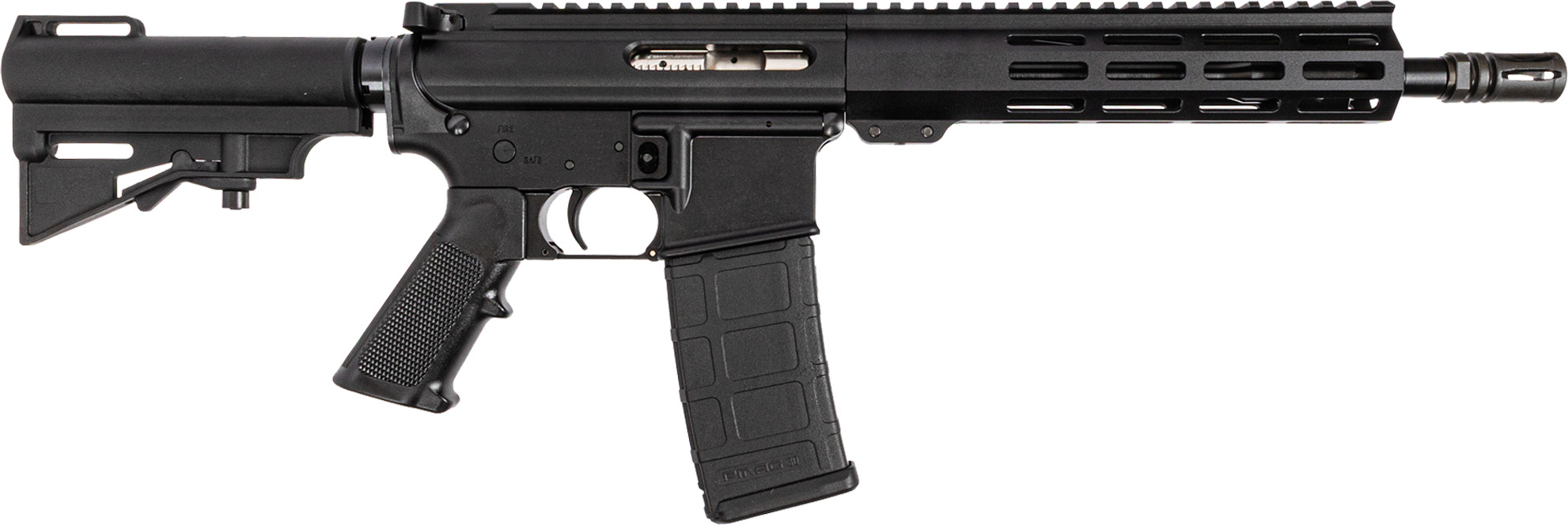 Black semi-automatic rifle on a white background.