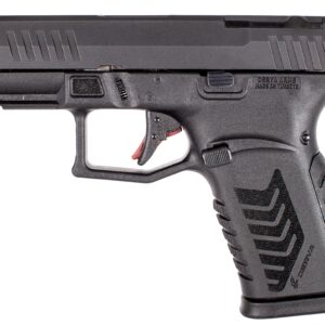 Black semi-automatic pistol with textured grip.