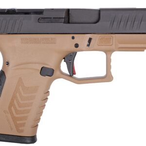 Side view of a compact tan handgun