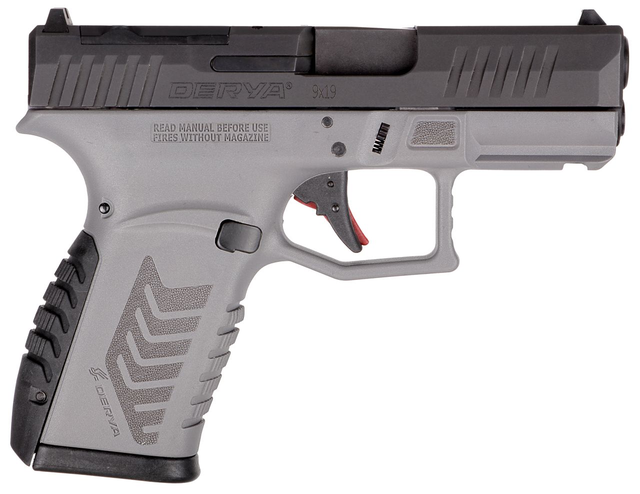 A modern semi-automatic handgun with a textured grip.