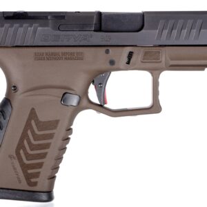 Side view of a brown handgun with details.