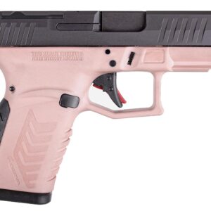 Pink semi-automatic handgun on a white background.