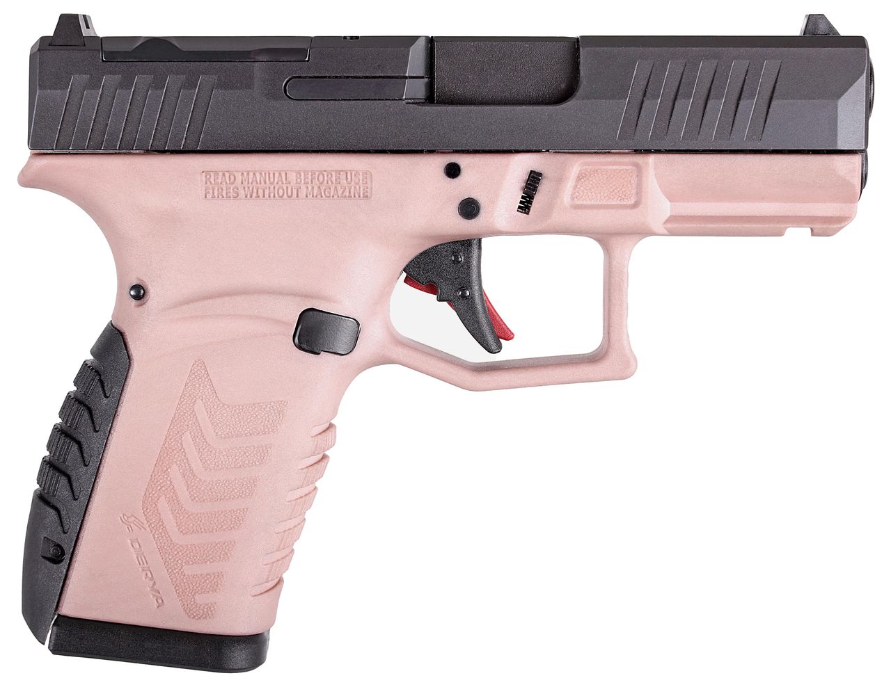 Pink semi-automatic handgun on a white background.