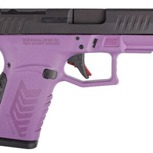 Purple handgun with unique design features.