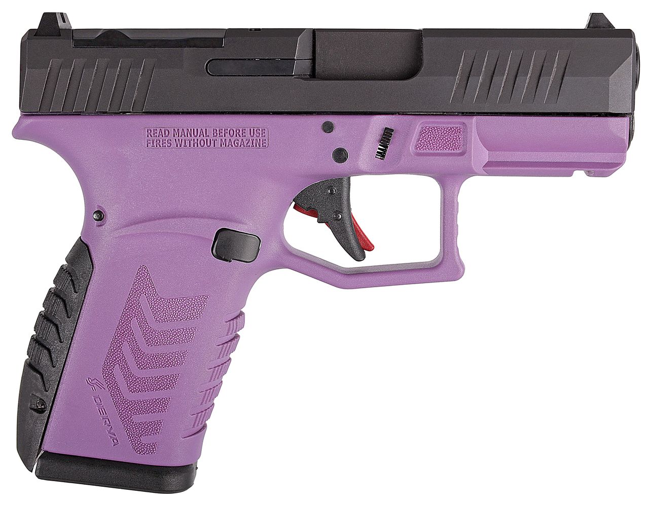 Purple handgun with unique design features.
