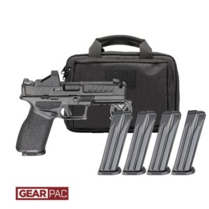 Handgun with four magazines and carrying case.