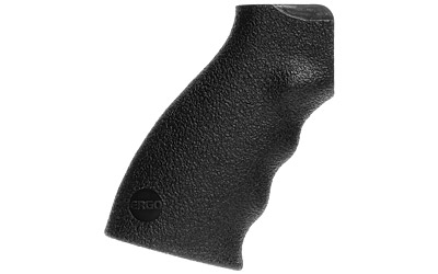 Black ergonomic firearm grip for improved handling.