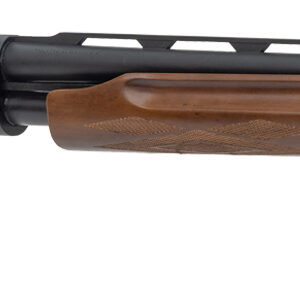 Side view of a shotgun with wooden stock.