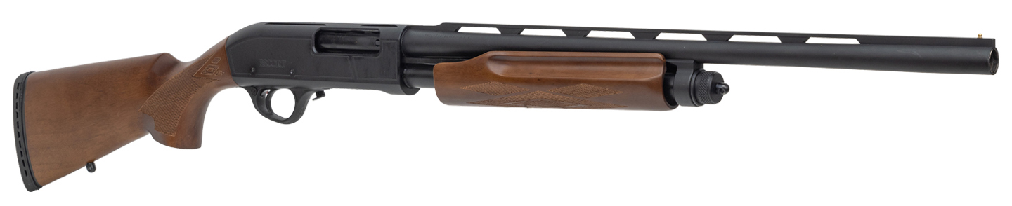 Side view of a shotgun with wooden stock.