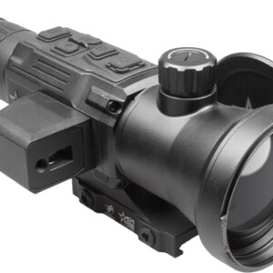 Black rifle scope with integrated technology features.