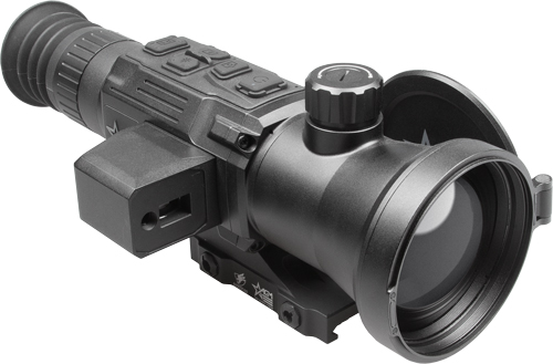 Black rifle scope with integrated technology features.