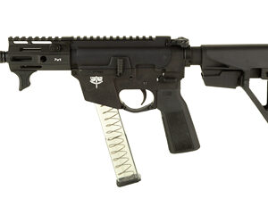 Black semi-automatic firearm with magazine.
