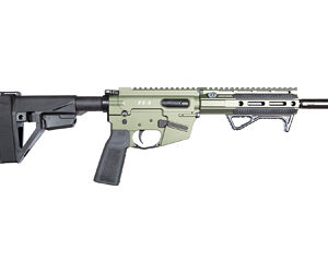 Green and black tactical firearm on white background