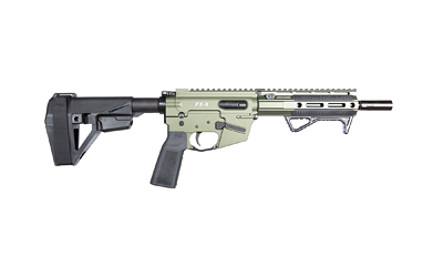 Green and black tactical firearm on white background