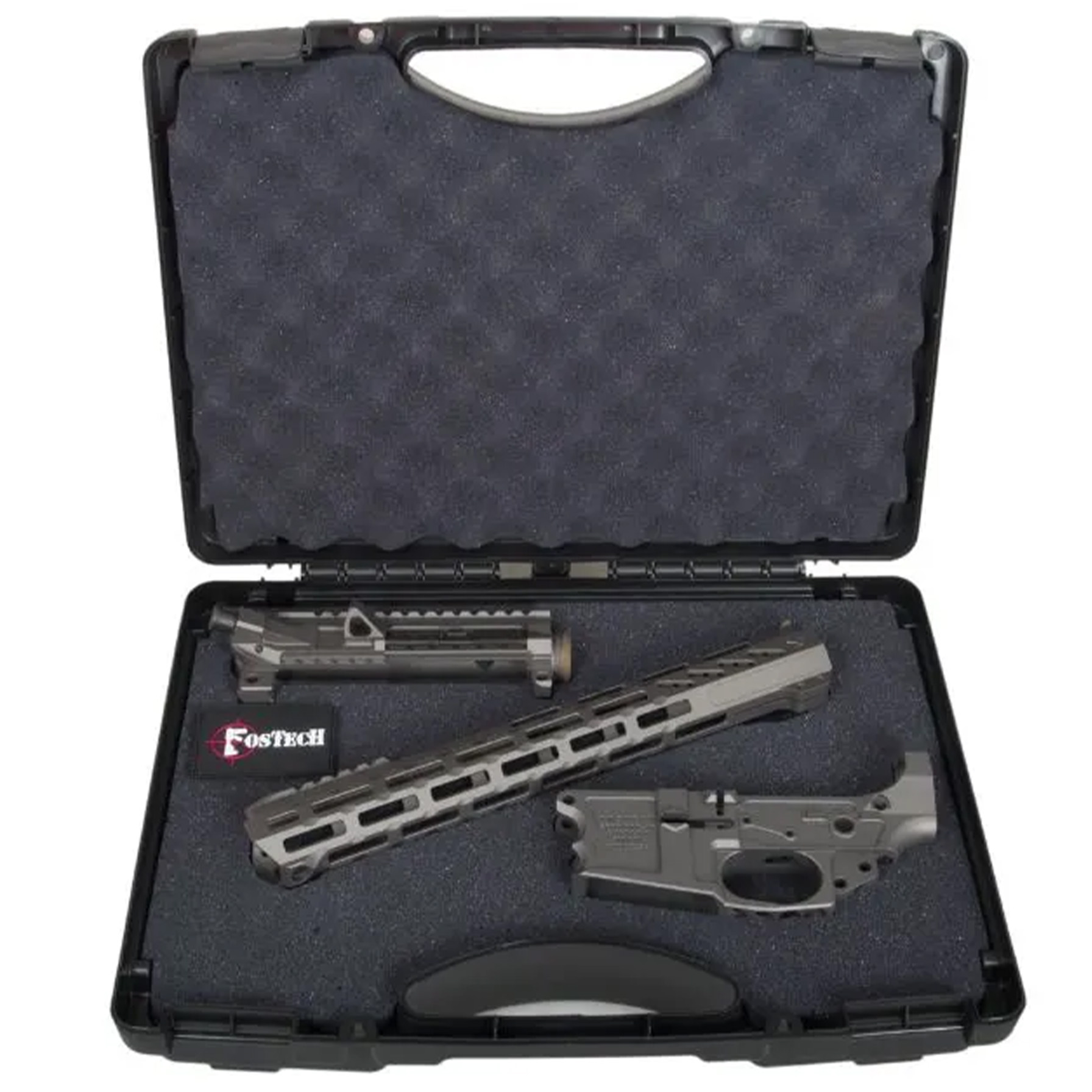 Open gun case with firearm components displayed inside.