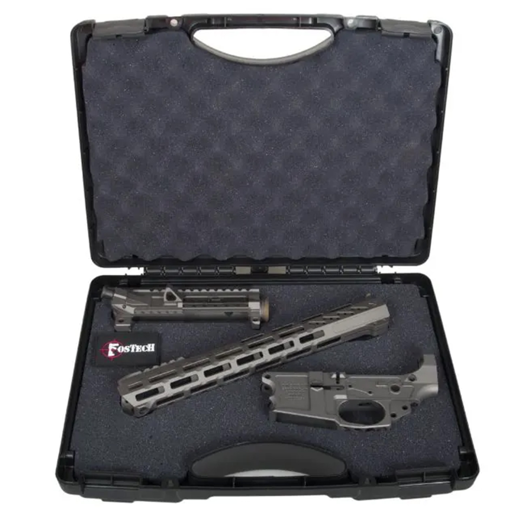 Open case with firearm parts and accessories.