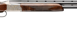 Detailed shotgun with wooden and metallic features.