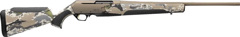 Side view of a camouflage-patterned rifle.