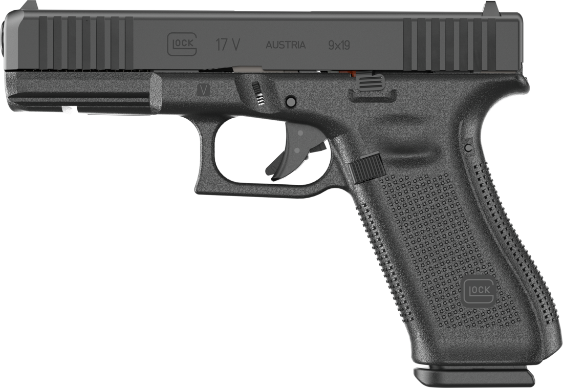 Side view of a Glock 17 pistol.
